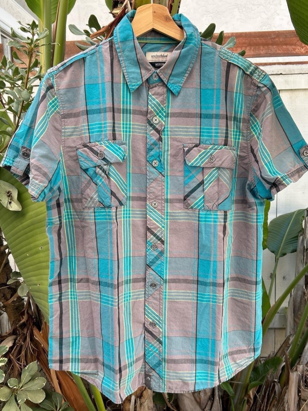 Anchor Blue Plaid Short Sleeve Button Up Shirt Men’s M Teal Gray Utility Y2K